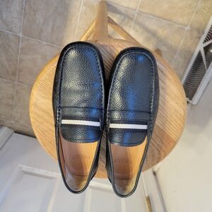 Bally Black Leather Slip-On Loafers with White Stripe